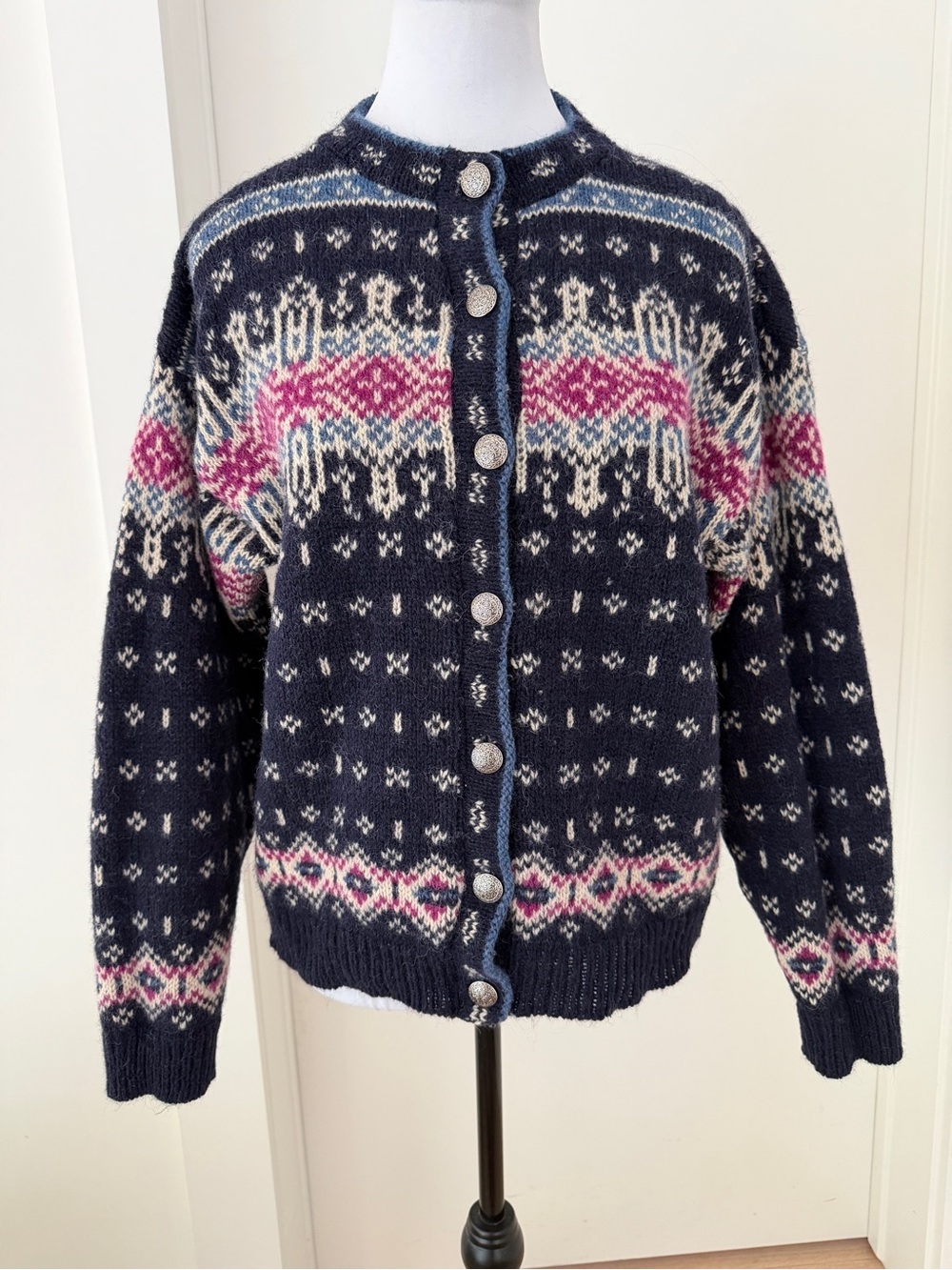 VINTAGE L.L. BEAN Cardigan Knit Fair Isle Nordic Style Metal Buttons Apres Ski